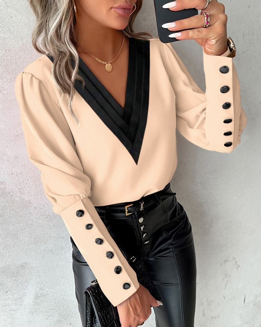 V-Neck Long Sleeve Blouse With Decorative Buttons