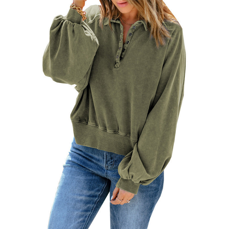 Loose Fit V-Neck Button Collar Sweatshirt