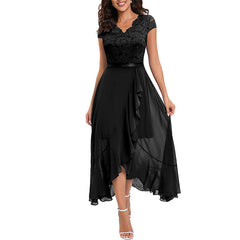 V-Neck Short Sleeve Formal Dress with Lace Bodice