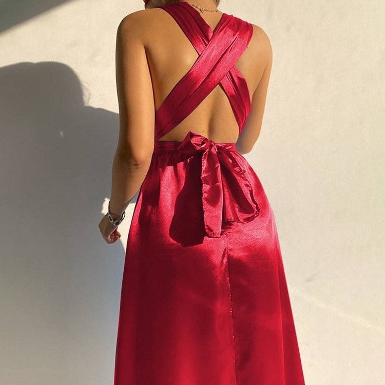 Sleeveless V-Neck  Evening Dress with Waist Tie in 3 Colors XXS-3XL