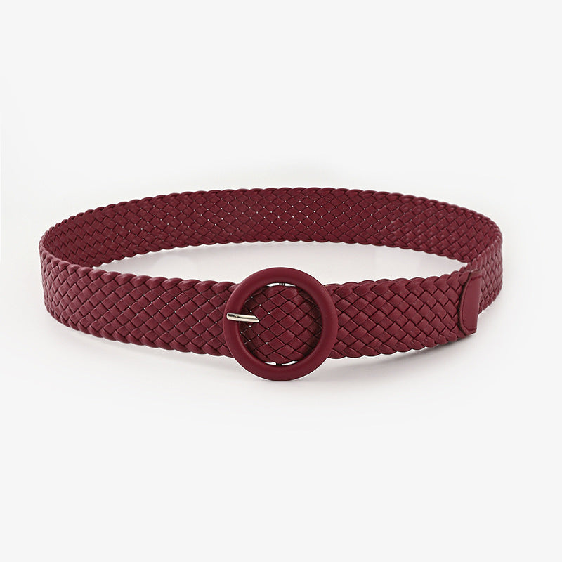 Woven Solid Colour Belt with Round Buckle