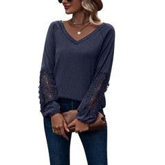 V-Neck Long Sleeve Top with Lace Detail in 5 Colors Sizes 4-20