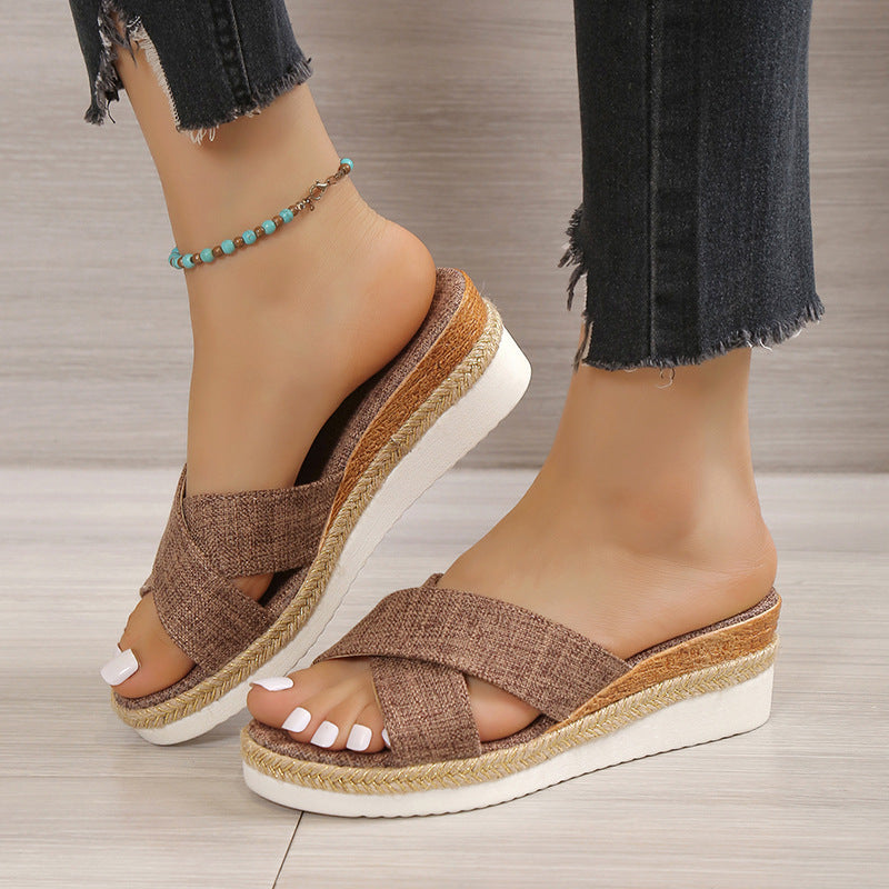 Cross-Strap Sandals with Wedge Heel in 3 Colors