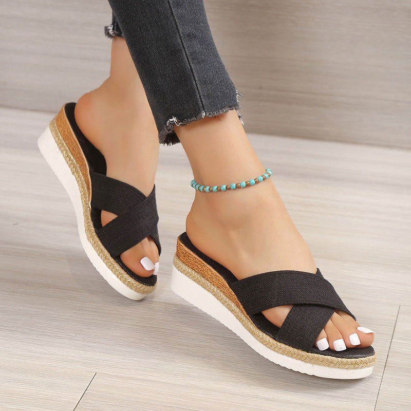Cross-Strap Sandals with Wedge Heel in 3 Colors