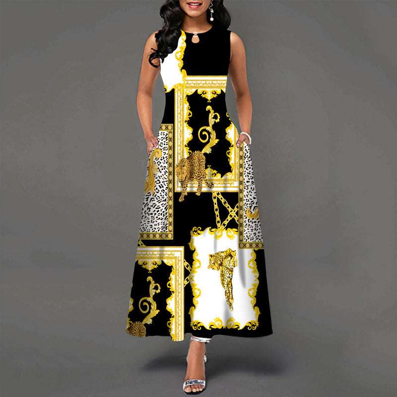 Robe longue sans manches à col rond et poches, 6 motifs disponibles, tailles S à 5XL