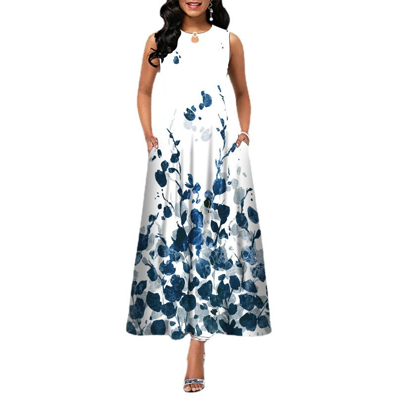 Robe longue sans manches à col rond et poches, 6 motifs disponibles, tailles S à 5XL