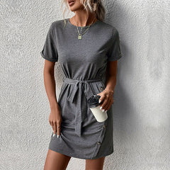 Short Sleeve Dark Grey T-Shirt Dress with Waist Tie S-XL