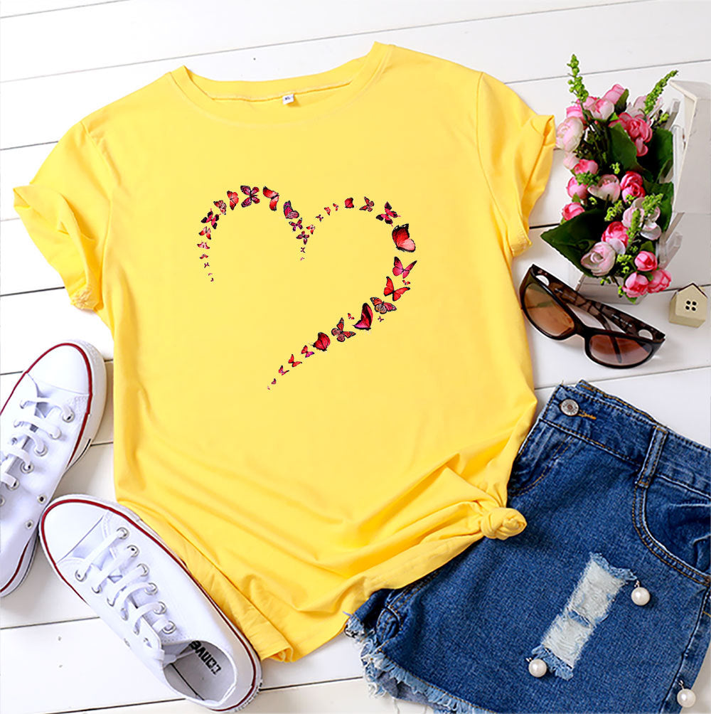 Kurzarm-Top mit Herz-Schmetterling in 12 Farben S-4XL