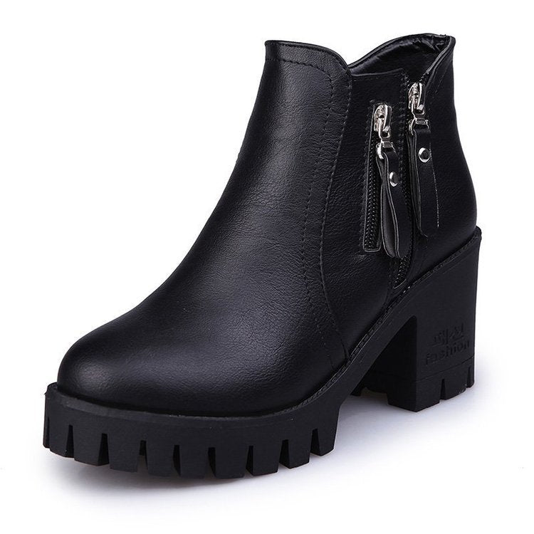 Bottines à talon épais et bout rond avec fermeture éclair latérale, disponibles en 3 couleurs
