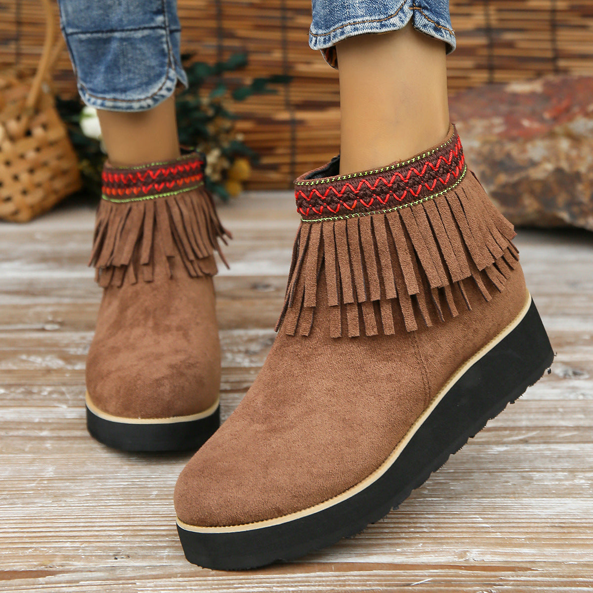 Suede Ankle Boots with Fringe and Wedge Heel in 3 Colors
