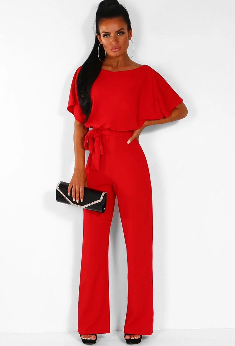 Boat Neck Short Sleeve Jumpsuit with Waist Tie in 7 Colors S-3XL