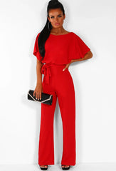 Boat Neck Short Sleeve Jumpsuit with Waist Tie in 7 Colors S-3XL