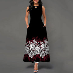 Robe longue sans manches à col rond et poches, 6 motifs disponibles, tailles S à 5XL