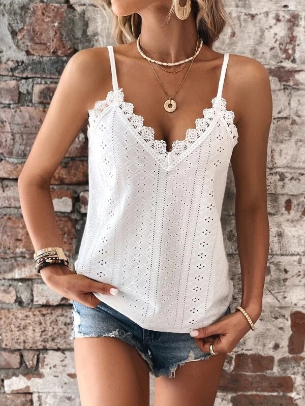 V-Neck Spaghetti Strap Tank Top with Lace Trim