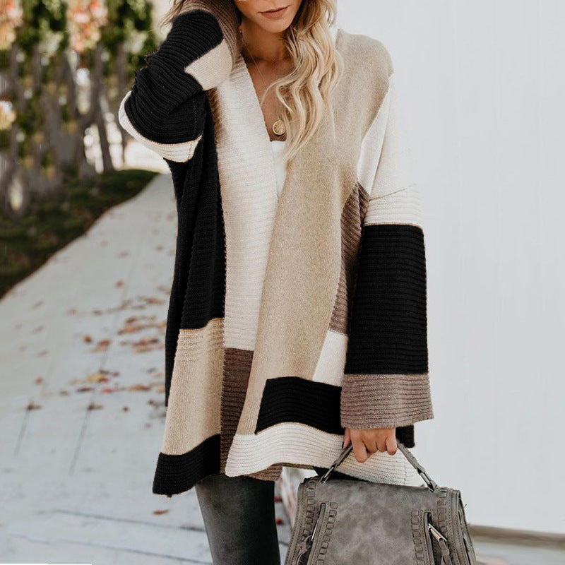 Colorblock Mid-Length Long Sleeve Cardigan