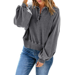 Loose Fit V-Neck Button Collar Sweatshirt