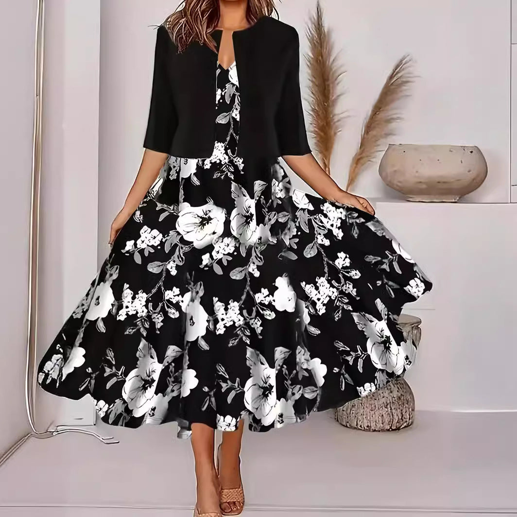 Sleeveless Floral Midi Dress with Cardigan Two Piece Set