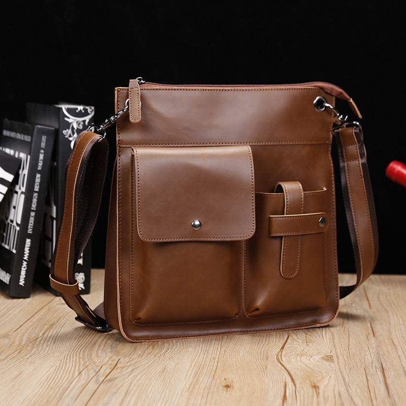 Men's Brown PU Leather Shoulder Messenger Bag with Zipper