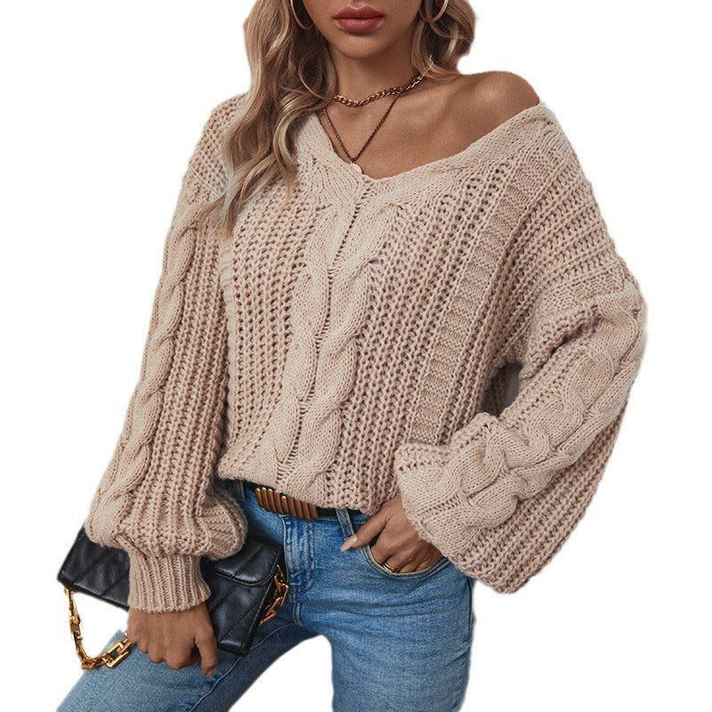 Lantern Sleeve Twist-Knit V-Neck Sweater