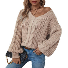 Lantern Sleeve Twist-Knit V-Neck Sweater