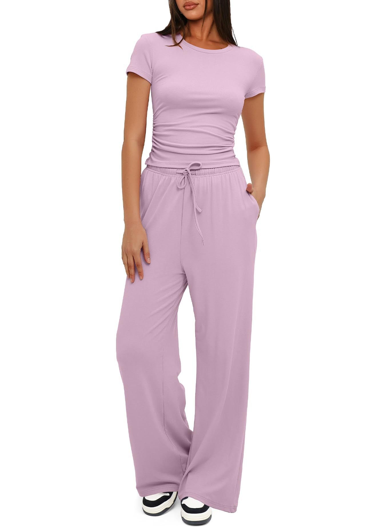 Short Sleeve Top with Matching Drawstring Wide-Leg Pants