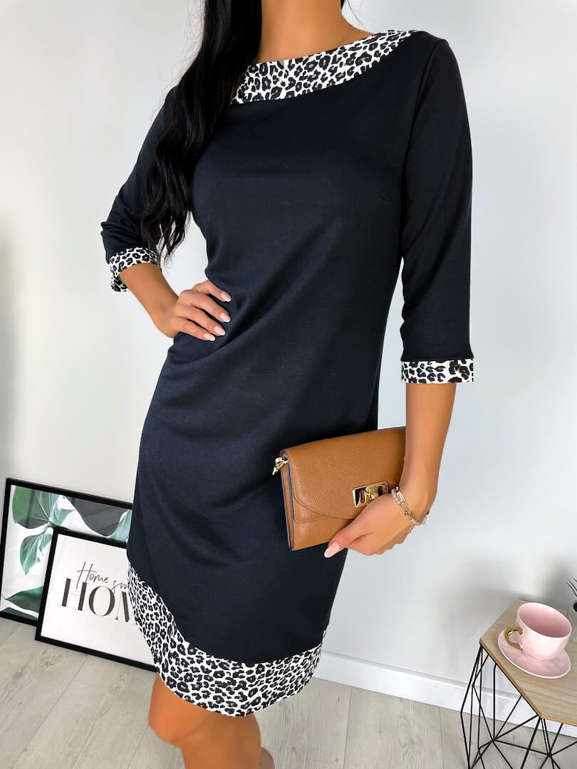Three-Quarter Sleeve Black Midi Dress with Leopard Print Trim