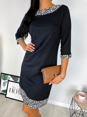 Three-Quarter Sleeve Black Midi Dress with Leopard Print Trim