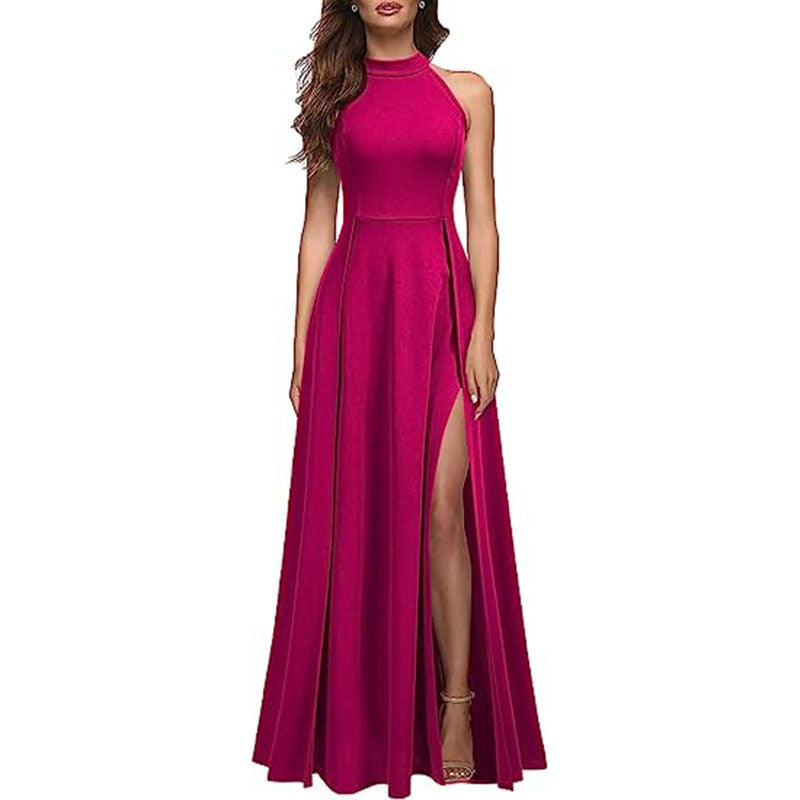 Solid Colour Halter Neck Evening Gown with Leg Slit