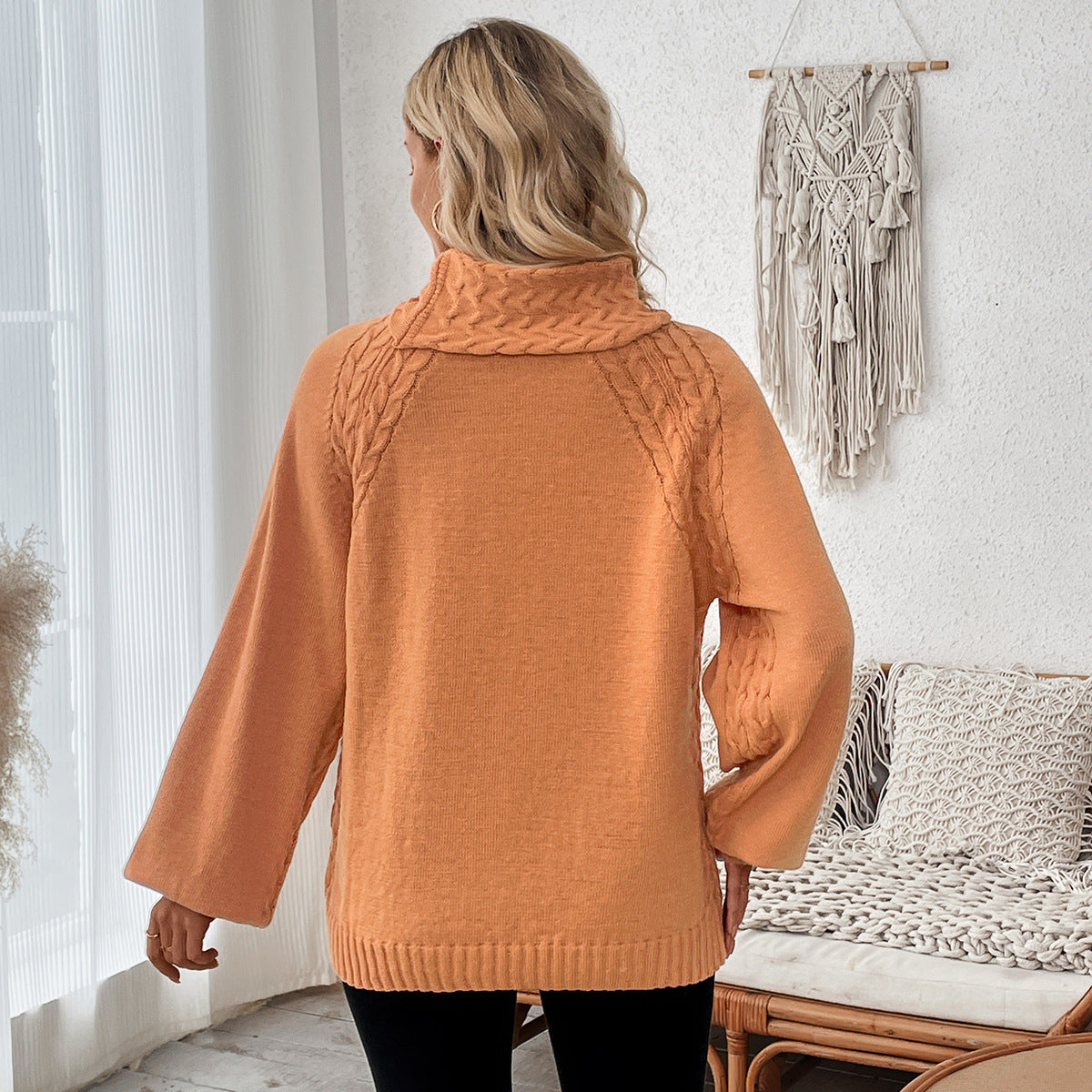 Orange Twist Weave Bubble Sleeve Turtleneck Sweater