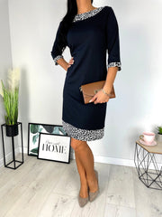 Three-Quarter Sleeve Black Midi Dress with Leopard Print Trim