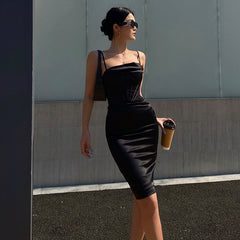 Sleeveless Midi Cocktail Dress with Corset and Spaghetti Straps