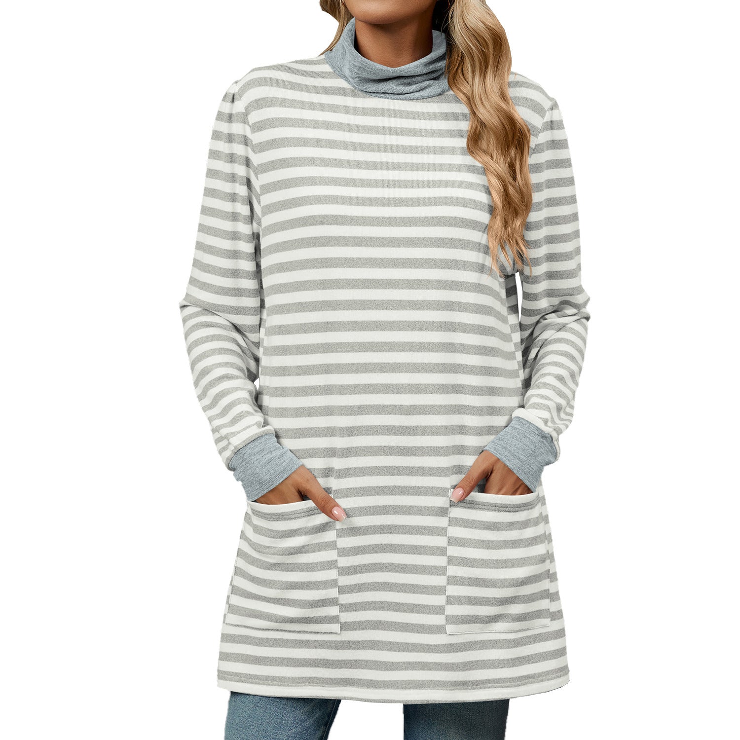 Turtleneck Striped Long Sleeve Shirt with Pockets