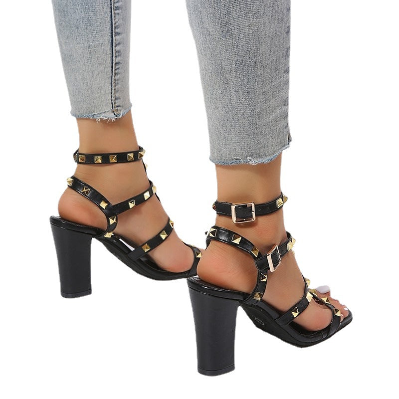 Square Toe Rivet High Heel Sandals in 2 Colors