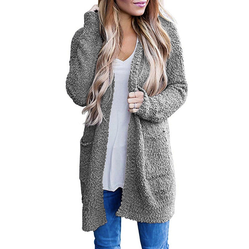 Solid Color Fleece Mid-Length Cardigan