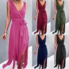V-Neck Sleeveless Dress with Waist Tie and Leg Slit in 5 Colors S-XL