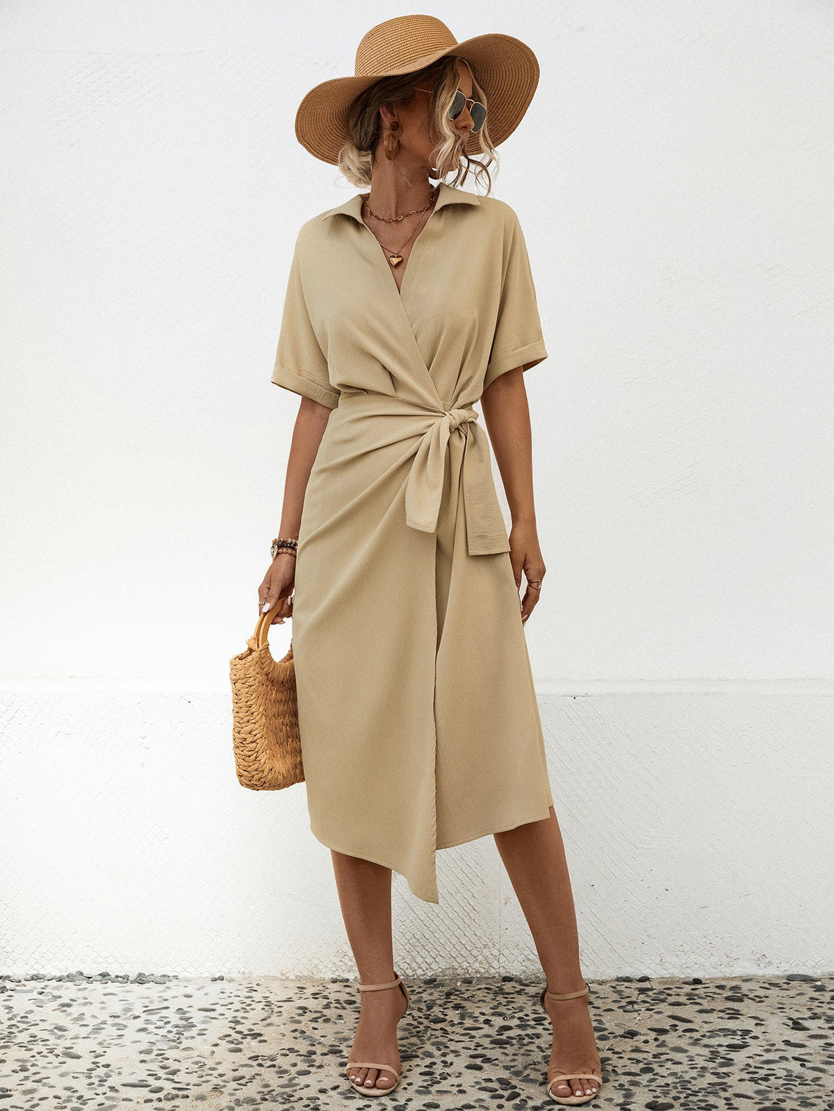 Short Sleeve Midi Dress with Lapel and Waist Tie