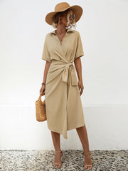 Short Sleeve Midi Dress with Lapel and Waist Tie