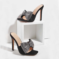 Open Toe Stiletto Heels with Rhinestone Bow