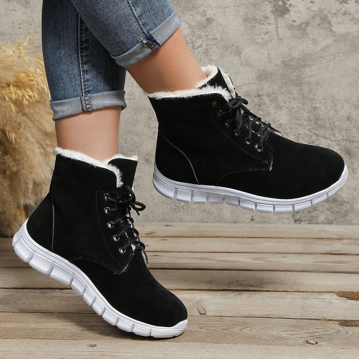 Lace-Up Flat Sole Plush Ankle Boots