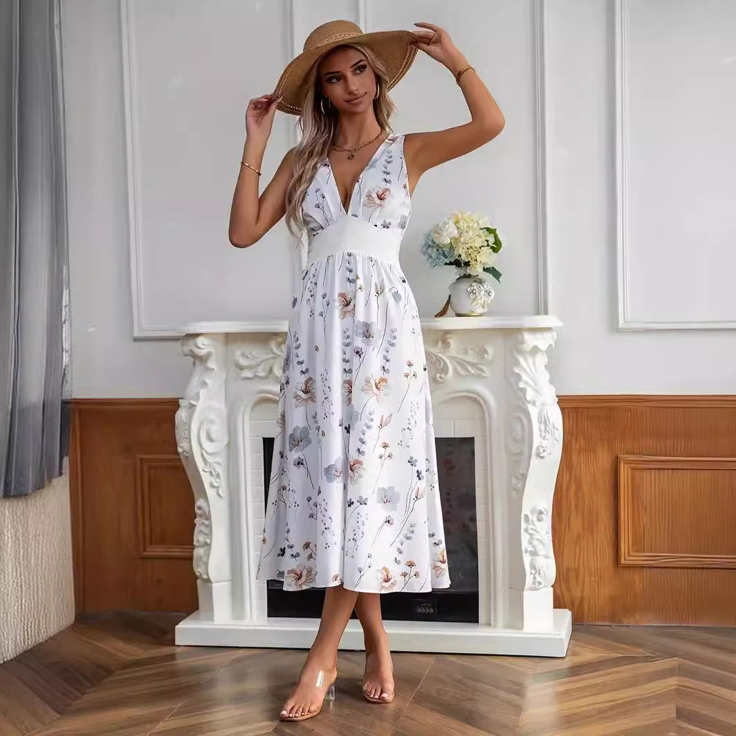 V-Neck High Waist Sleeveless Floral Midi Dress