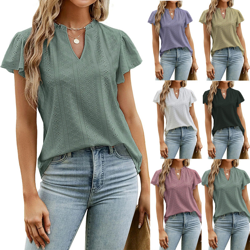 V-Neck Ruffled Short Sleeve Top in 6 Colors S-2XL