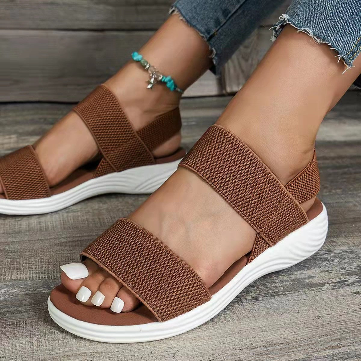 Wide Strap Flat Sandals with Ankle Band