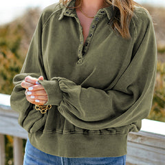 Loose Fit V-Neck Button Collar Sweatshirt