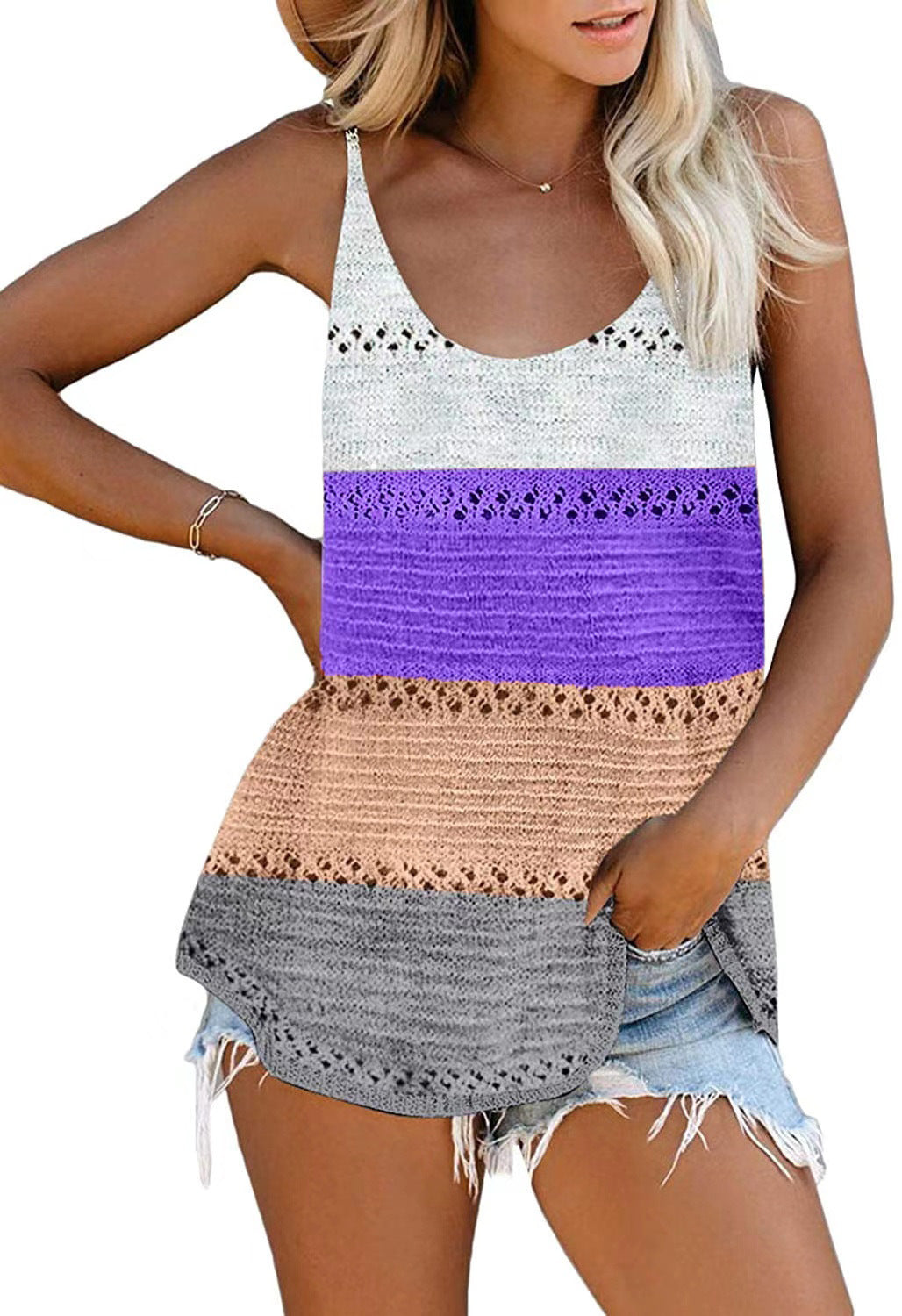 Colorblock Round Neck Knit Tank Top