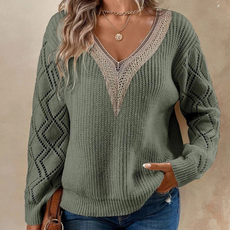 V-Neck Long Sleeve Sweater with Lace Detail Size Small