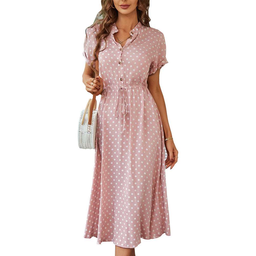 Polka Dot Short Sleeve Midi Dress with Waist Tie