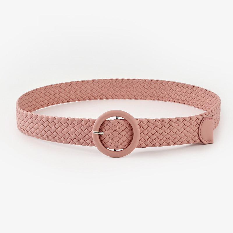Woven Solid Colour Belt with Round Buckle