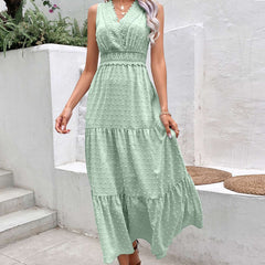 V-Neck Dotted Sleeveless Maxi Dress with Open Back