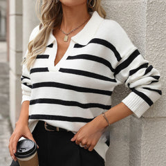 V-Neck Long Sleeve Striped Sweater with Lapel