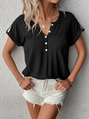 Haut en coton à col en V, manches courtes et boutons, disponible en 10 couleurs (S-5XL)